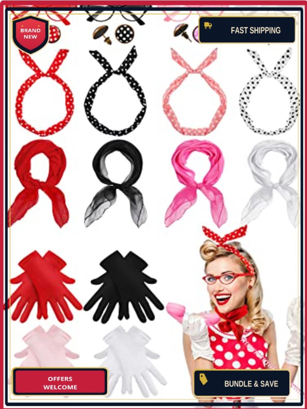 20 Pcs 50s Costume Accessory Set Chiffon Scarf Cat Eye Glasses Headband Gloves